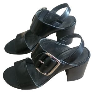 Stuart Weitzman Black Leather Block Heel‎ Sandals With Large Silver Buckle Sz 8